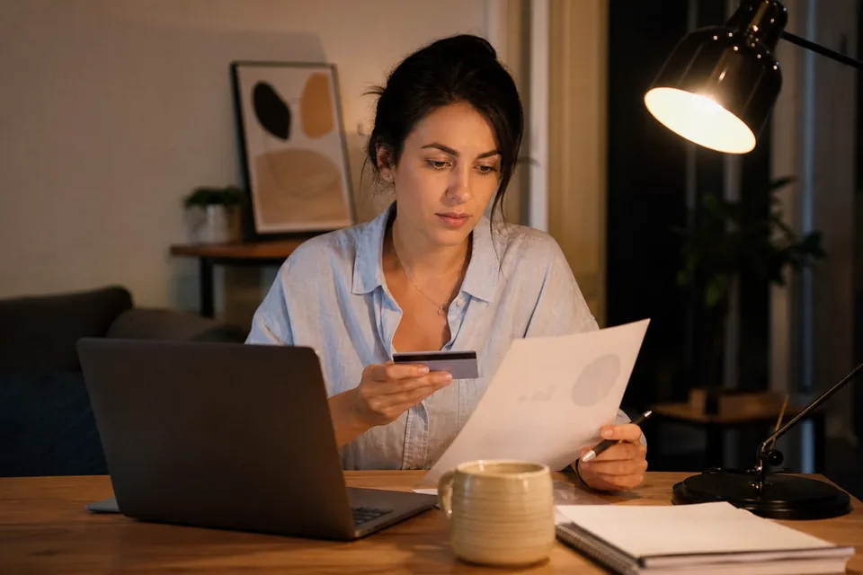 A copywriter at a home-office desk weighing a software subscription with a credit card and a budget sheet
