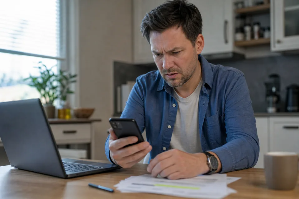 A man at a kitchen table checking a subscription charge on his phone next to a highlighted bank statement