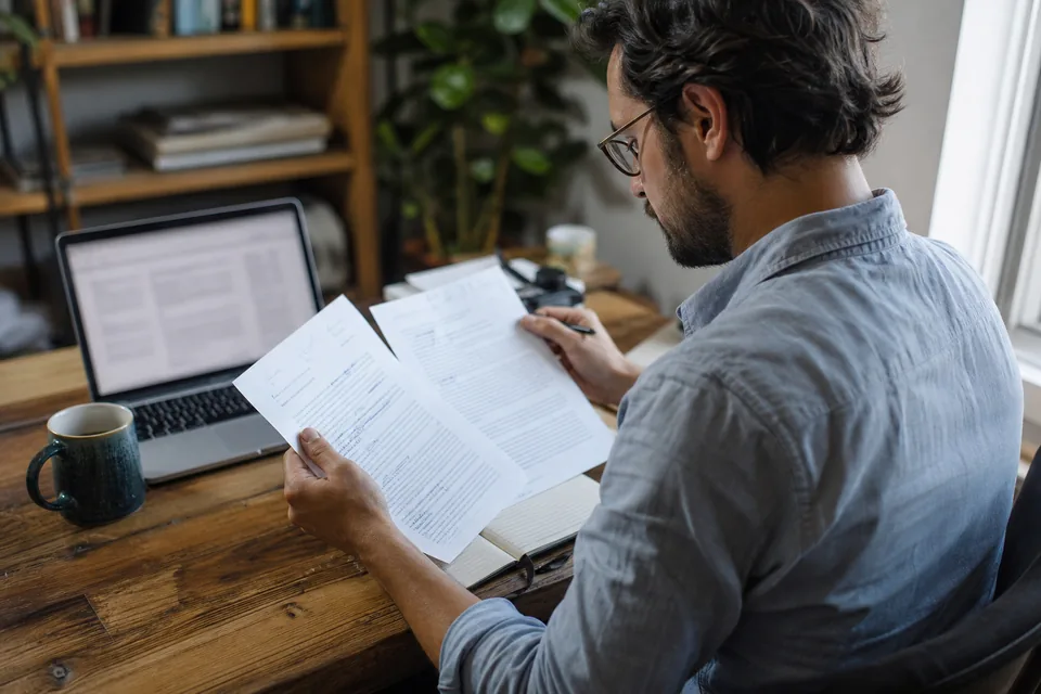 A freelance writer at a desk comparing two versions of a printed draft with a pen, a laptop open beside the pages
